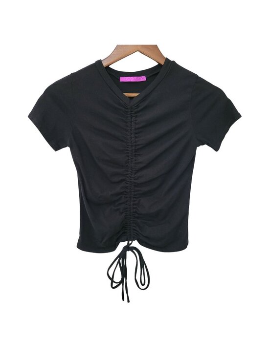 Jac Parker Tops - Jac Parker Mixology Ruched Crop Top Size S Black Front Drawstring Short Sleeve